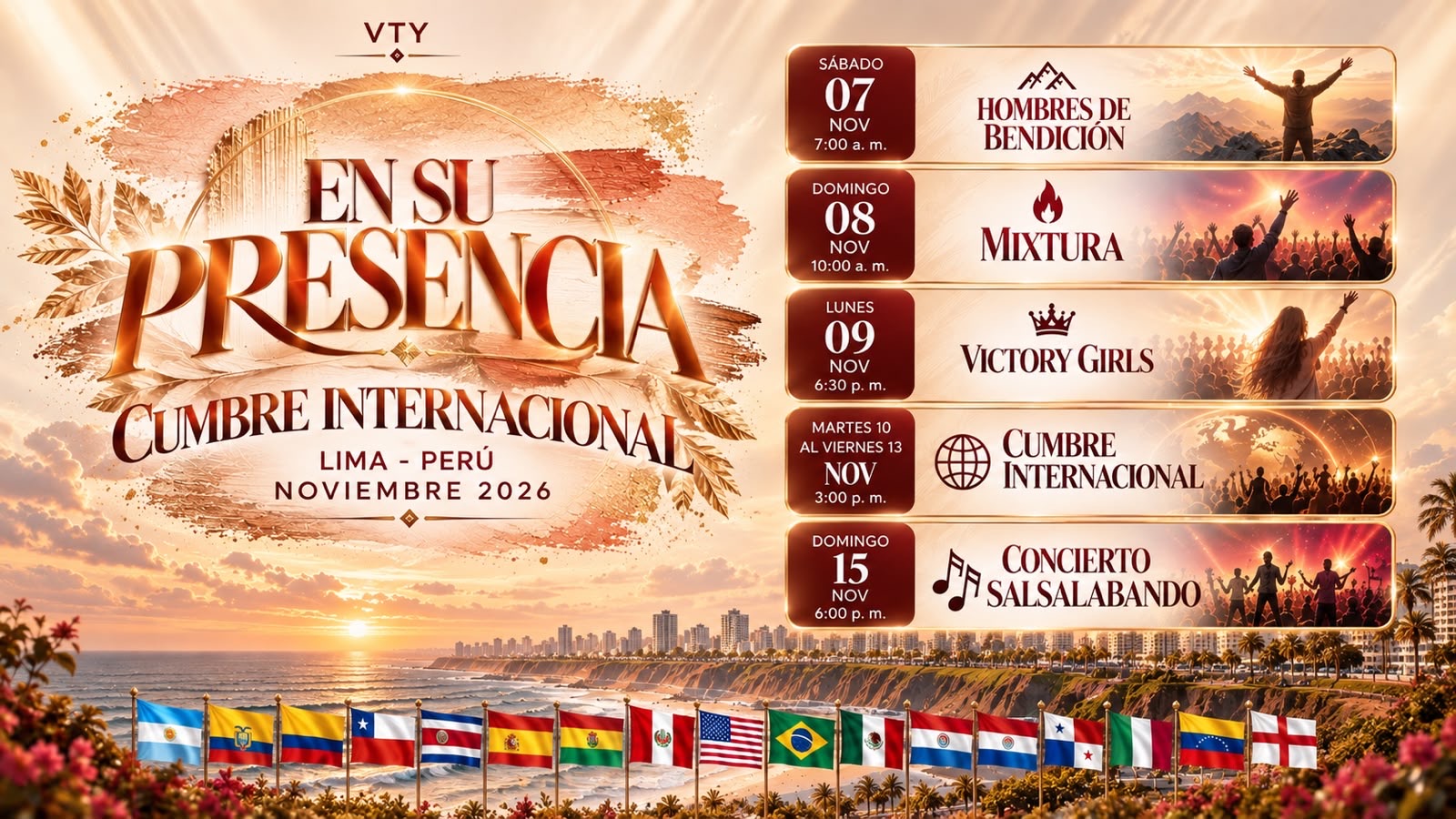 Afiche general de la agenda: Hombres de Bendición el 7 de noviembre; Mixtura el 8; Victory Girls el 9; cumbre del 10 al 13; Concierto Salsalabando el 15. Los horarios actualizados figuran arriba y en el calendario.
